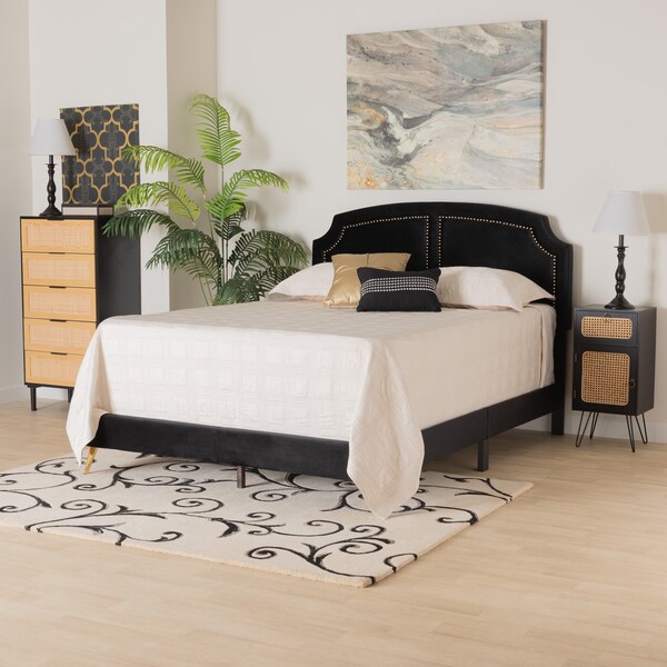 Baxton Studio Oxley Traditional Glam and Luxe Black Velvet and Gold Metal Queen Size Panel Bed 220-12848-ZORO - main